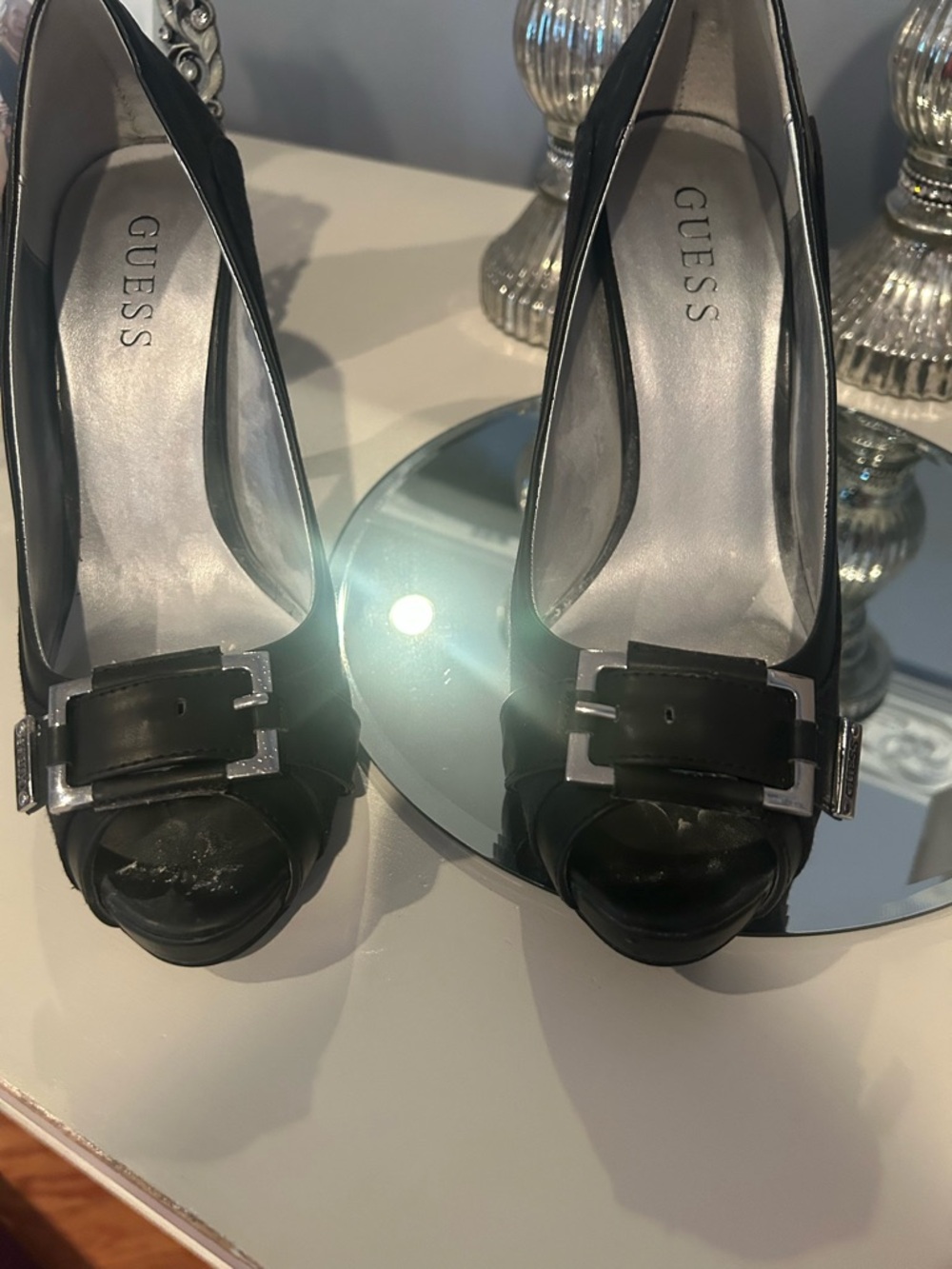 GUESS Black Peep-Toe Buckle Pumps